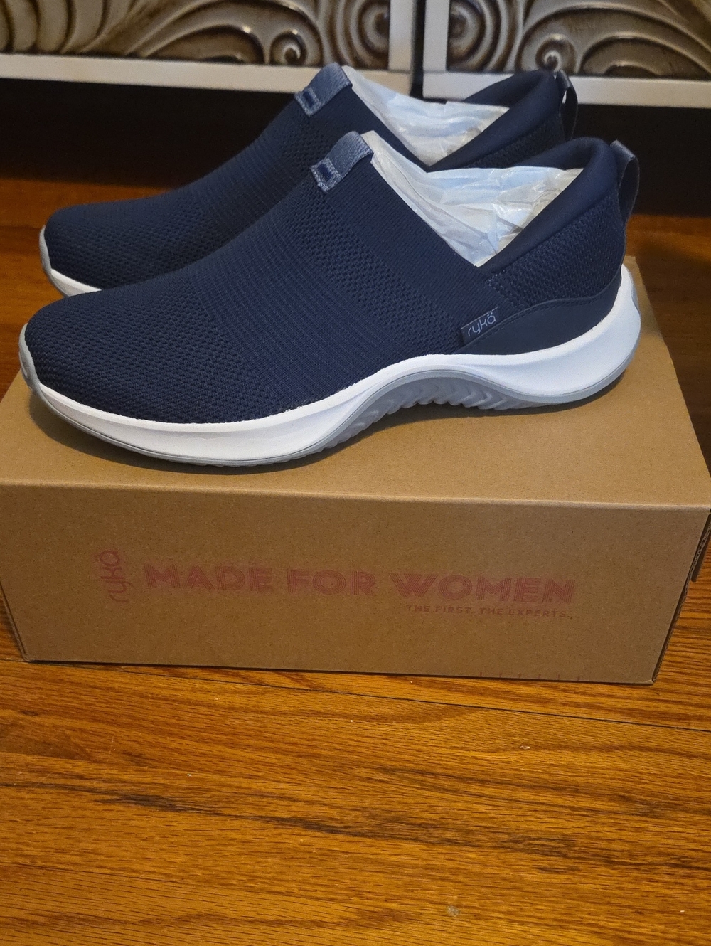 Ryka Navy Slip-On Knit Sneakers with White Sole